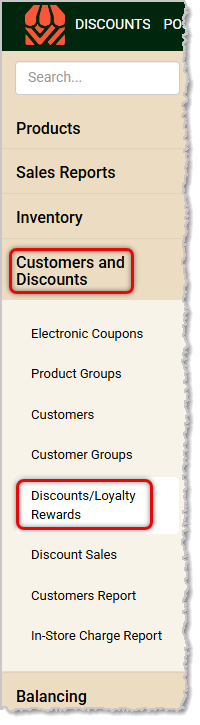 Image showing the Discounts & Loyalty Rewards link in the Customers and Discounts menu of the  system's back end.