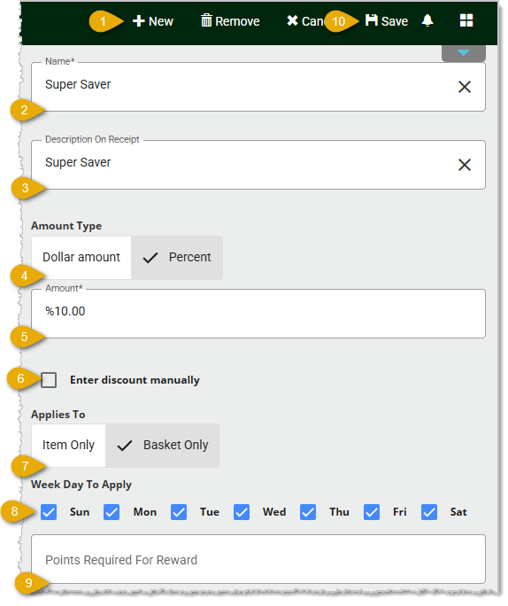 Image showing the steps to create a new discount or loyalty reward in the back end of the  system.