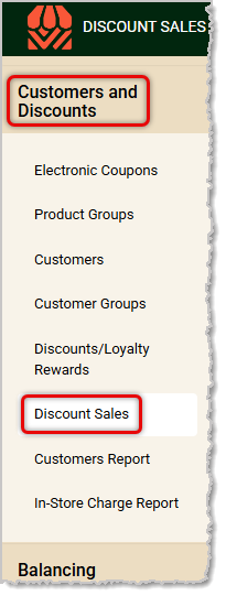 Image showing the Discount Sales Report link in the Customers and Discounts menu of the  Back End.