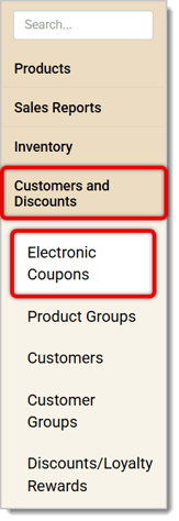 Image of the left-hand panel in . Customers and Discounts, and Electronic Coupons, are highlighted.