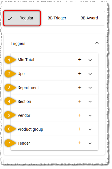 Image of the Triggers options for Regular Electronic Coupons in the system's Back End.