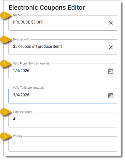 Image of the Electronic Coupons Editor. Numbers highlight different functions of this panel.