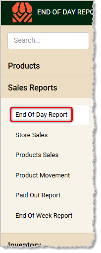 Image showing the End of Day report link in the Sales Reports menu of the Back End.