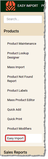 Image showing how to get to the Easy Import tool in the Products menu of the Markt POS Back End.