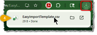 Image showing the Downloads area of Google Chrome with the downloaded template file used for the easy import tool in the Markt POS Back End.