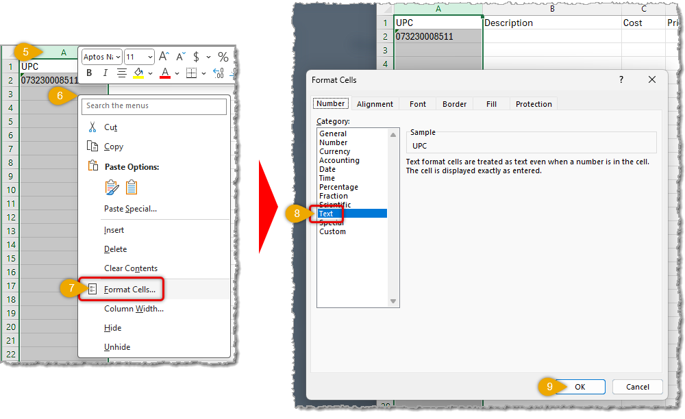 Image showing column formatting settings in Microsoft Excel for the Easy Import tool data file formatting in the system.