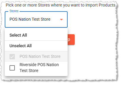Image showing the store selection for the Easy Import tool in the Products area of the system's Back End.