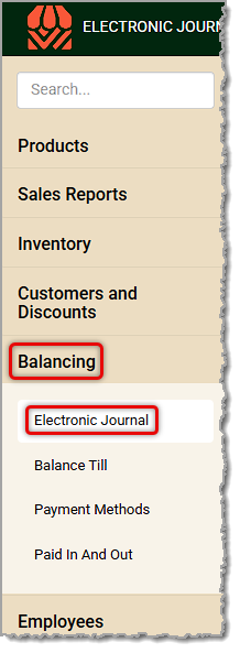 Image showing the Electronic Journal link in the Balancing menu of the  system's back end.