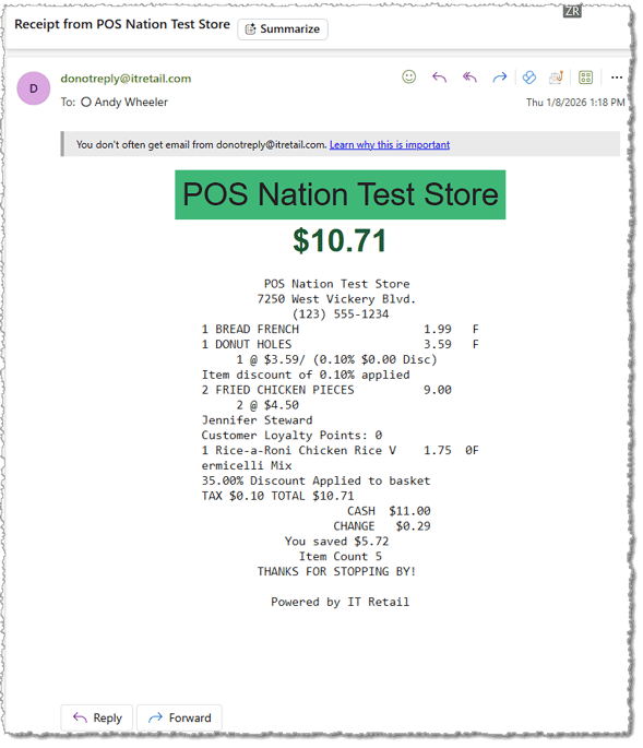 Image showing an emailed receipt from the electronic journal page of the Balancing menu in the  system's back end.