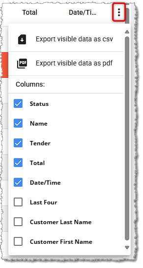 Image showing action options for the transaction data table in the electronic journal page of the balancing area of the  system's back end.