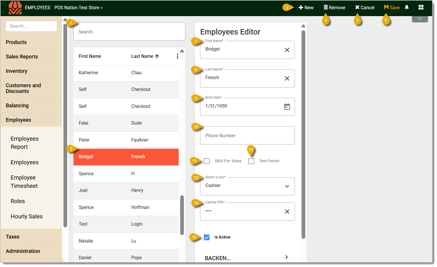 Image of the Employees page. Numbers highlight different fields and functions.