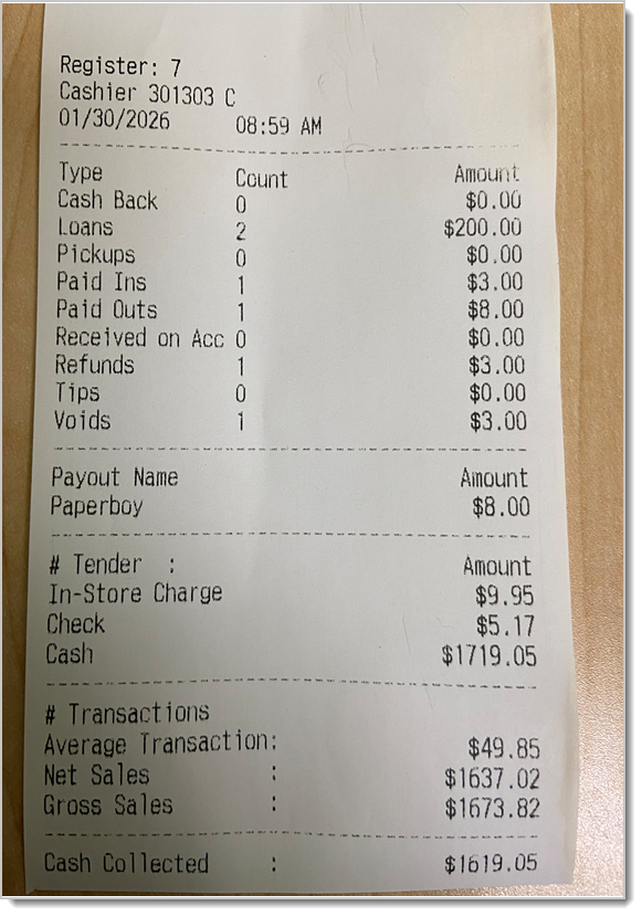 Image showing an example of a till status report from the Markt POS Front End.
