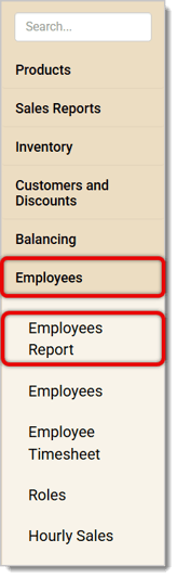 Image of the  Back End left-hand panel. Employees and Employees Report are highlighted.