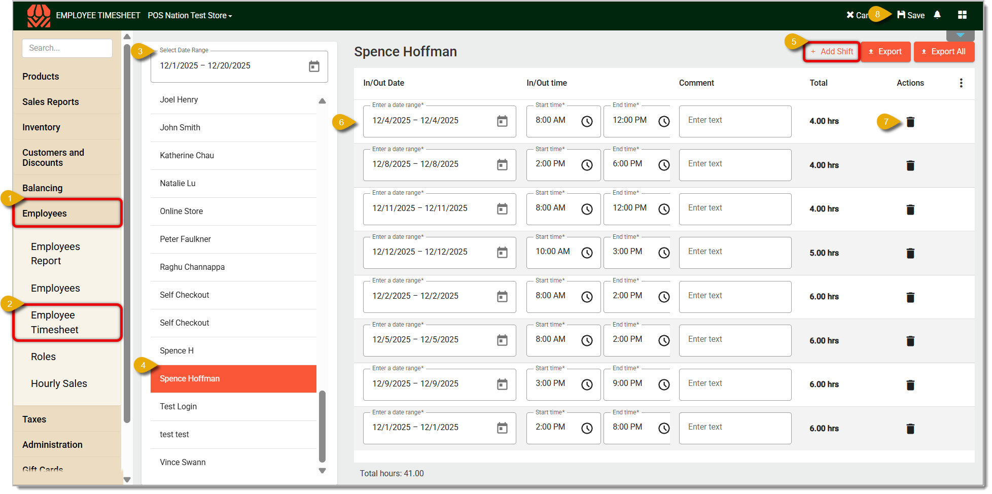 Image of the  Timesheet. Numbers highlight steps and functions of this page.