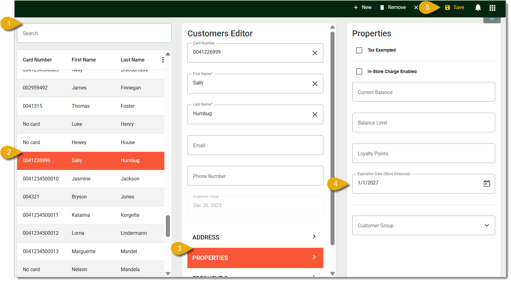 Image of the Customers Editor, with numbers highlighting steps to take to set a customer membership expiration date.