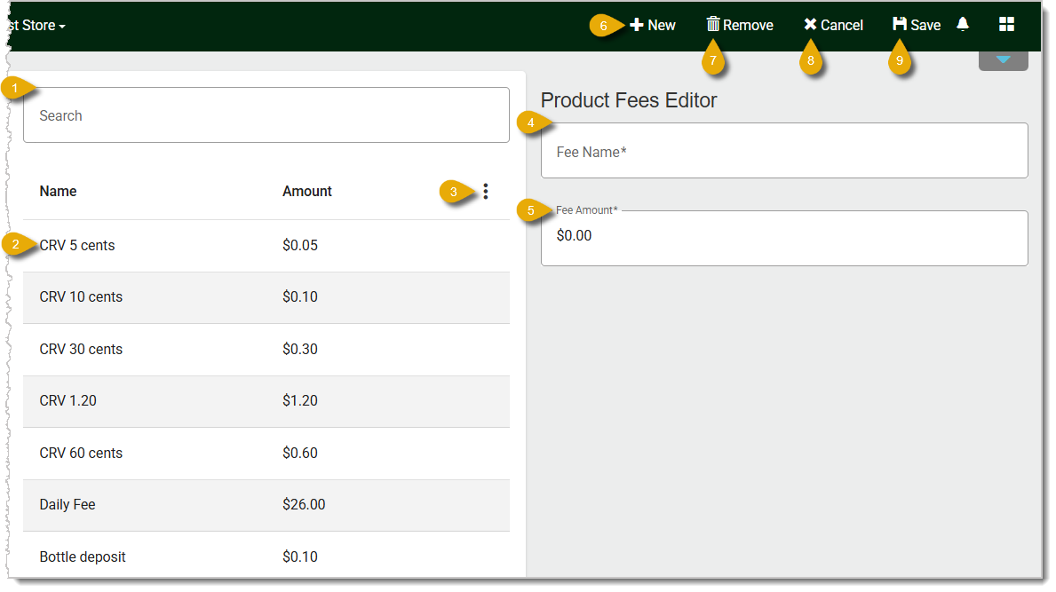 Image of the Fees page. Numbers highlight functions on the page.