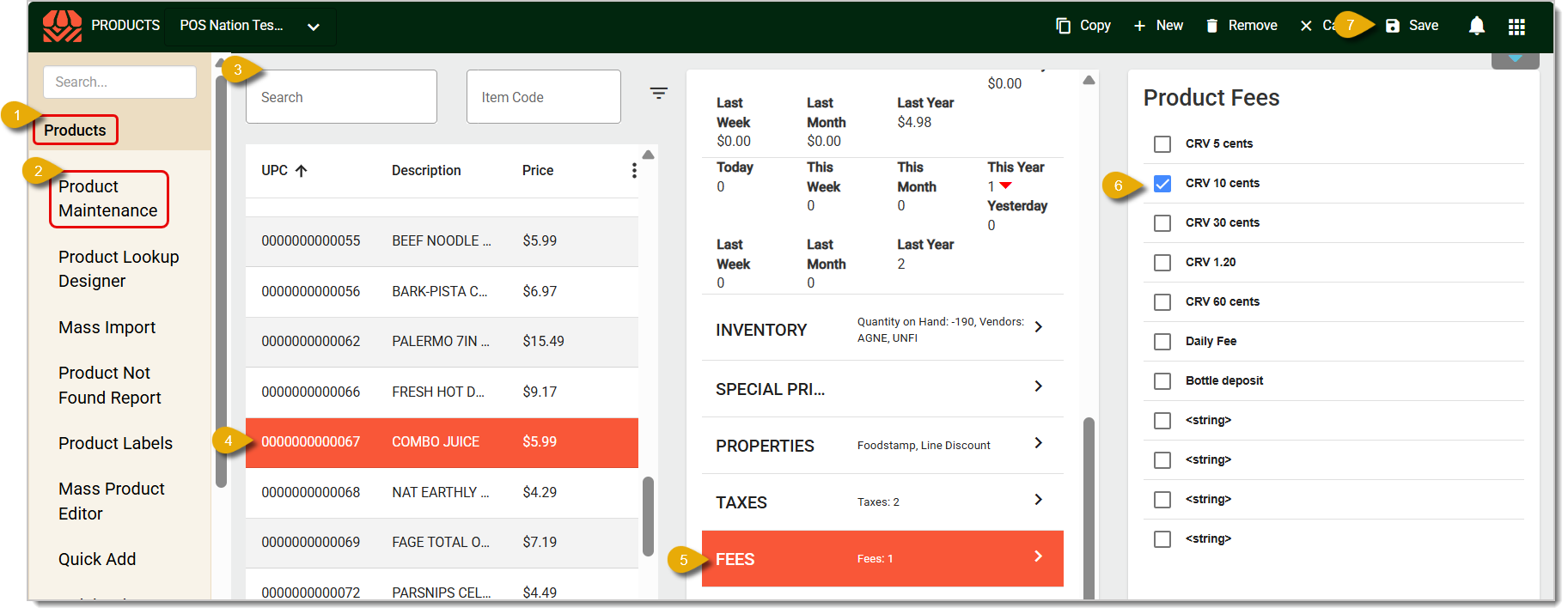 Image with numbers showing each step in the process of adding a Fee to a Product in the Back End.