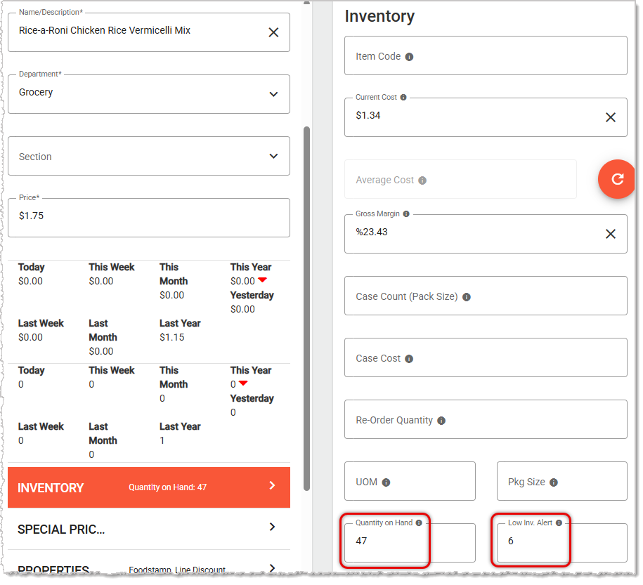 Image showing the Quantity on Hand and Low Inventory Alert settings for an item in the Product Maintenance page of the  system's back end.