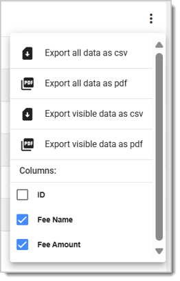 Image of the Action Menu in the Fee Report.