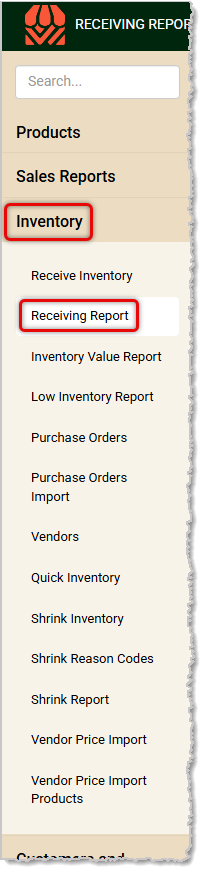 Image showing the Receiving Report link in the Inventory menu of the  Back End.