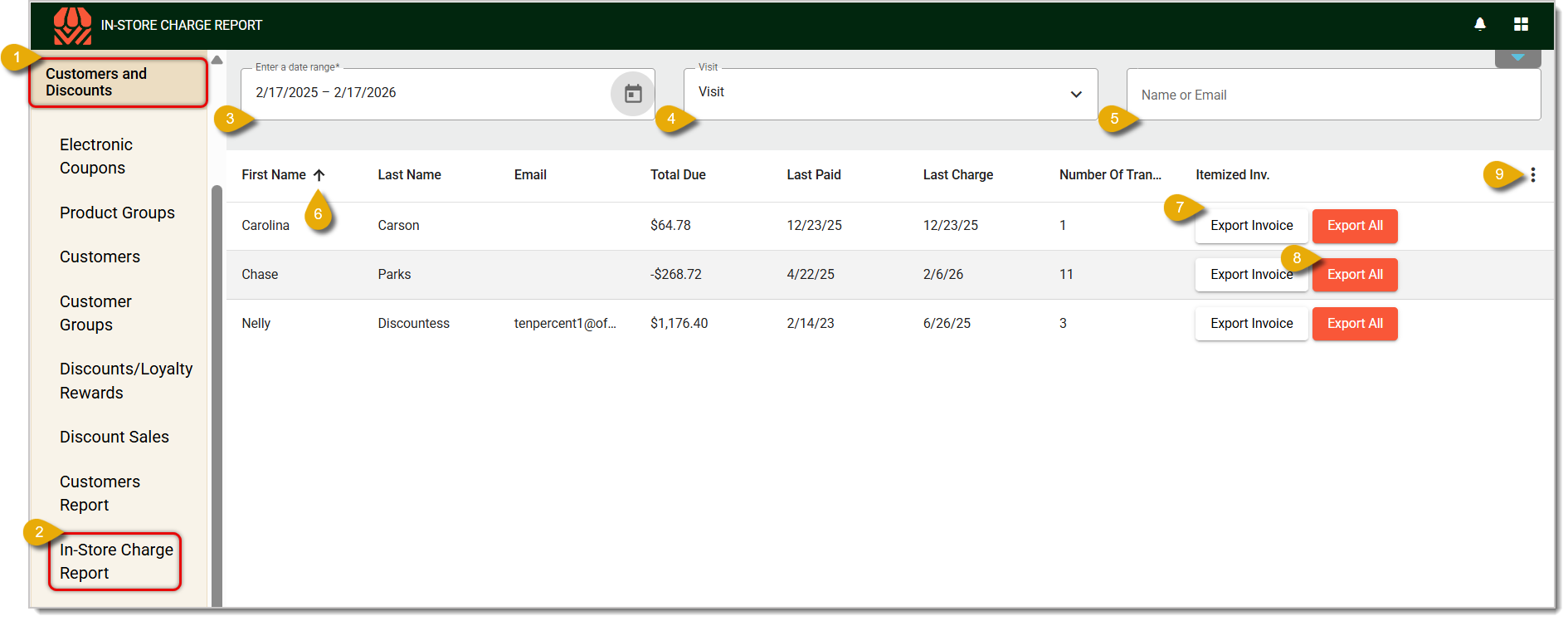 Image of the In-Store Charge Report. Numbers highlight steps and different functions.