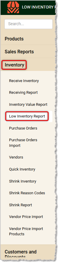 Image showing the Low Inventory Report link in the Inventory menu of the Back End.