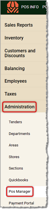 Image showing the POS Manager link in the Administration menu of the  system's back end.