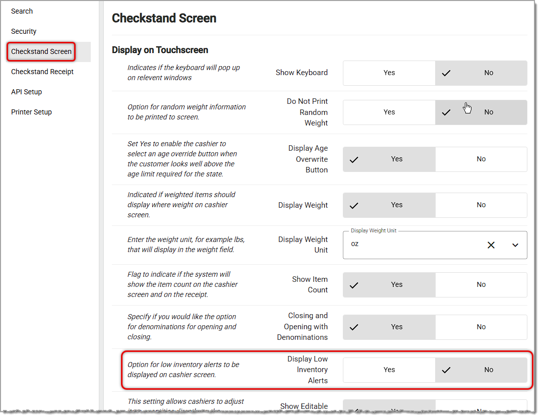 Image showing the Display Low Inventory Alerts setting on the Checkstand Screen tab of the POS Manager in the Administration menu of the  system's back end.