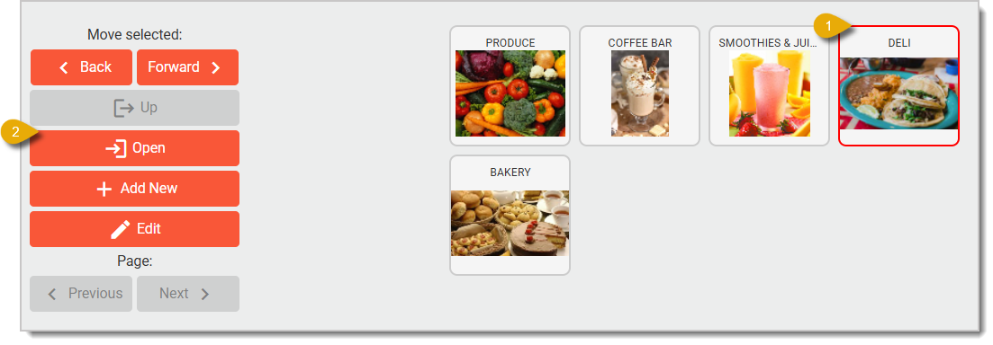 Image of the Product Lookup Designer in the Back End. In this image, number 1 highlights the Deli category, and 2 highlights the Open button.