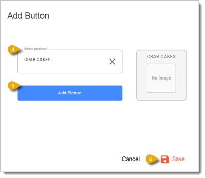 Image of the Add Button window in the Product Lookup Designer. Numbers in this image highlight specific functions.