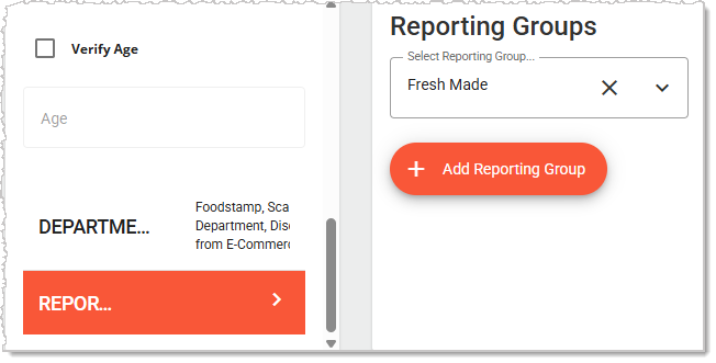 Image showing the Reporting Groups tab and settings in the Departments page of the  system's Back End.