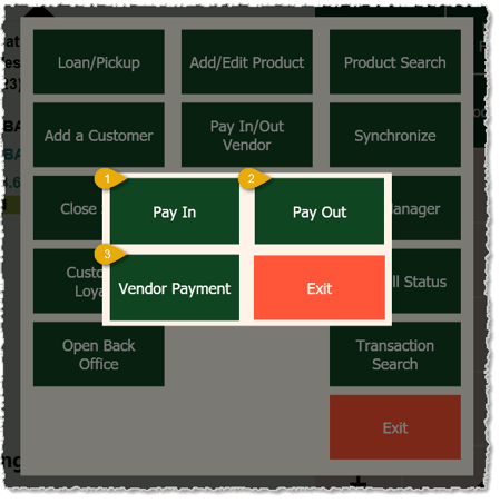 Image showing the Pay In, Pay Out, and Vendor Payment manager functions in the Markt POS Front End.