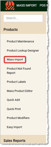 Image showing how to get to the Mass Import products tool in the Markt POS Back End.