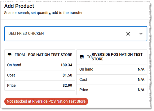Image showing an item not eligible for Transfer on the Create Transfer page of the MarktPOS Back End.