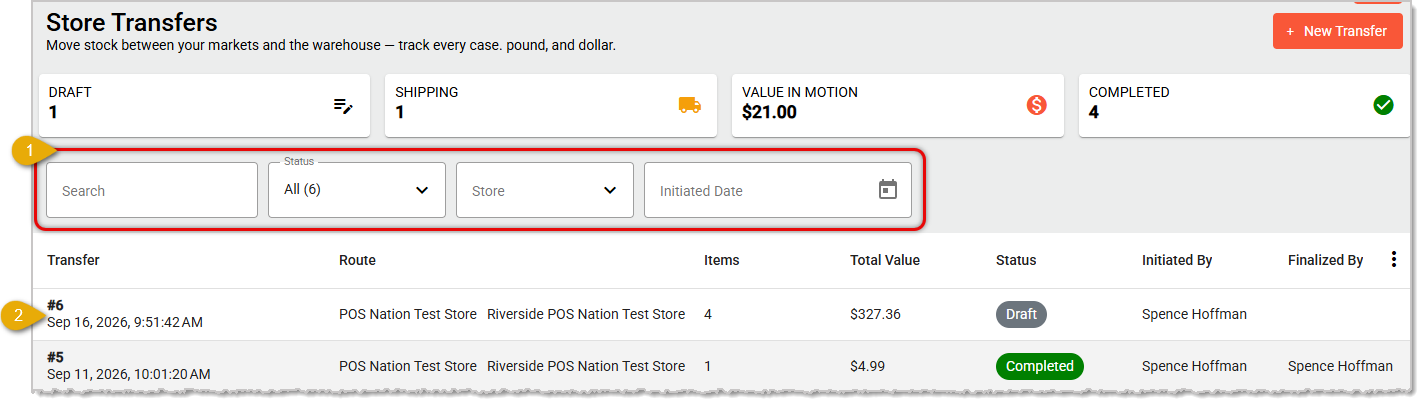 Image showing how to find and open a Transfer in Draft status on the Transfers page of the MarktPOS Back End.