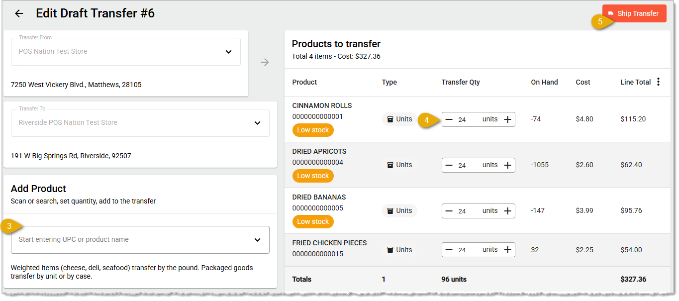 Image showing options for a Transfer Draft prior to Shipping on the Edit Draft Transfer page of the MarktPOS Back End.