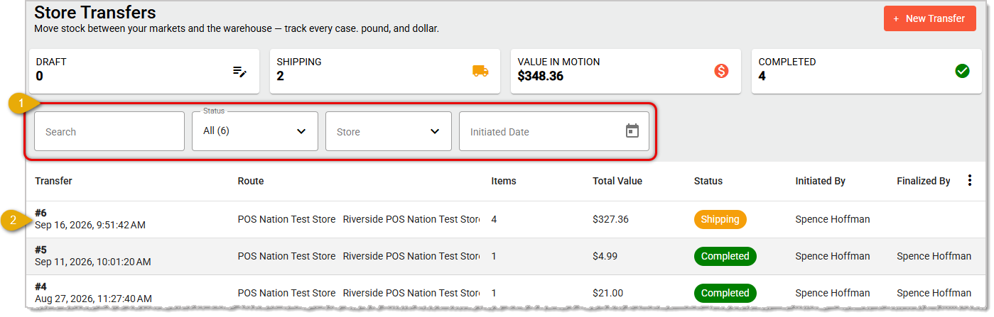 Image showing how to find and open a Transfer in Shipping status on the Transfers page of the MarktPOS Back End.