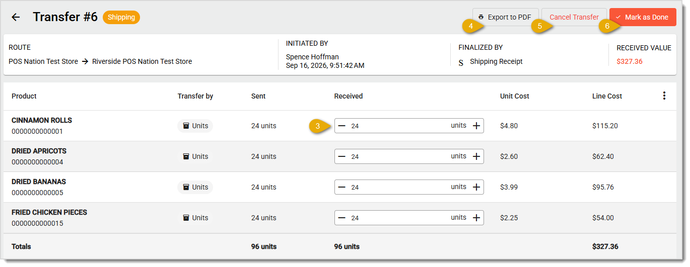 Image showing options for completing a Transfer in Shipping status on the Transfer page of the MarktPOS Back End.