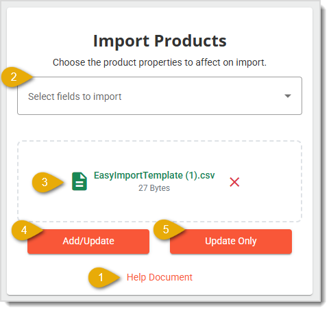 Image showing the mass import products tool of the Back End with key features highlighted.