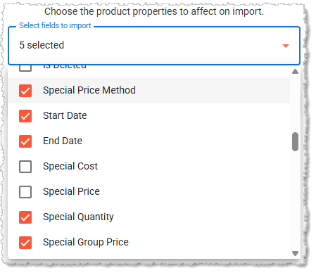 Image showing product properties that will be updated in a Mass Import in the Back End.