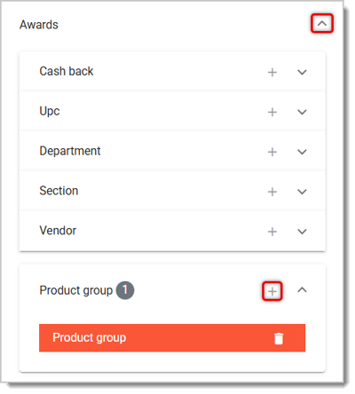 Image of the Awards menu. The Chevron next to Awards and Plus Sign button next to Product Group are highlighted.