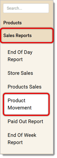 Image of the left-hand panel. Sales Reports and Product Movement are highlighted.