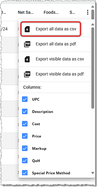 Image showing the Action Menu of the Mass Product Editor in the  system's Back End.