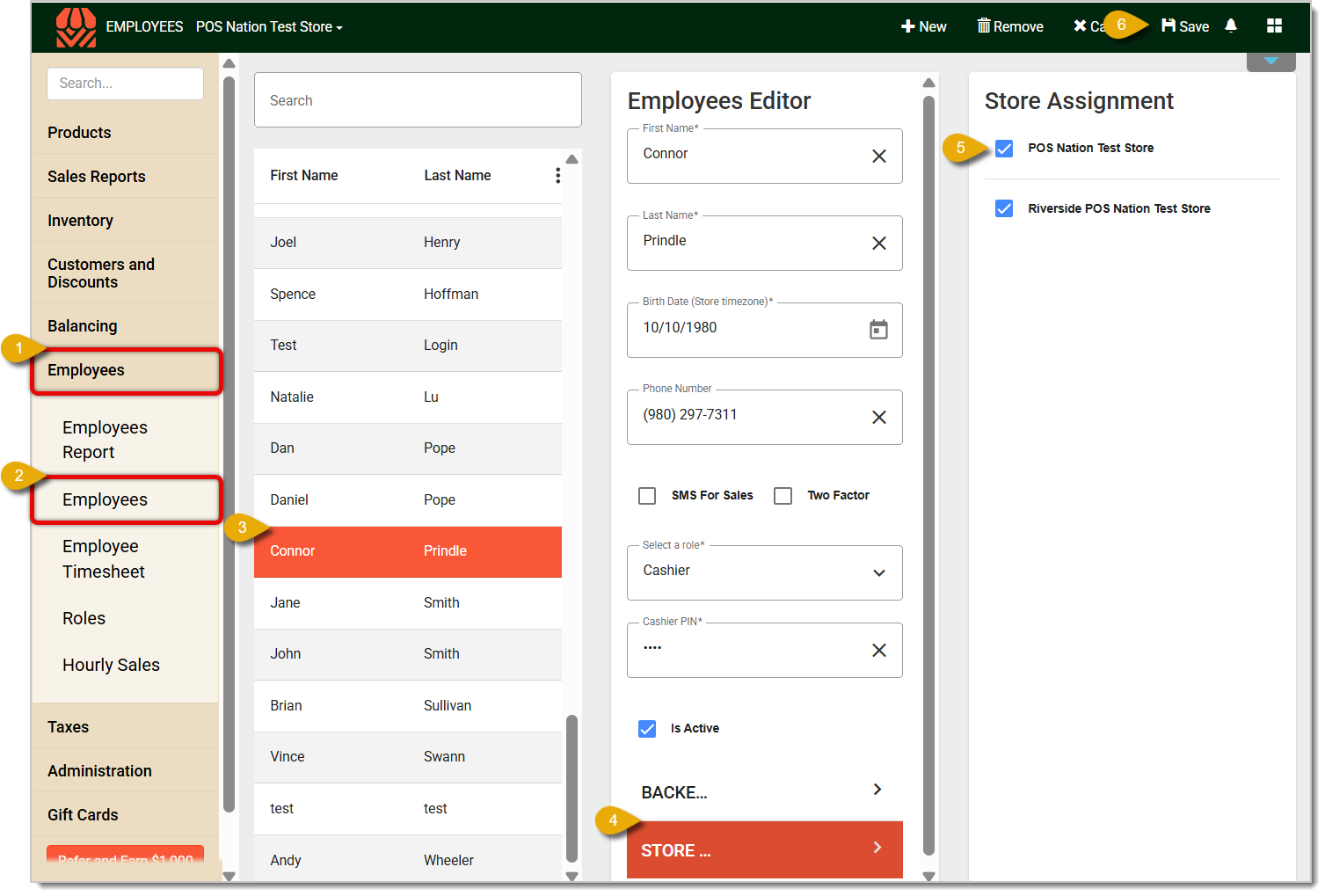 Image of the Employees page. Numbers note steps for assigning an employee to multiple stores.