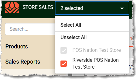 Image of the Multi-Store droplist in the Store Sales area of the Back End.