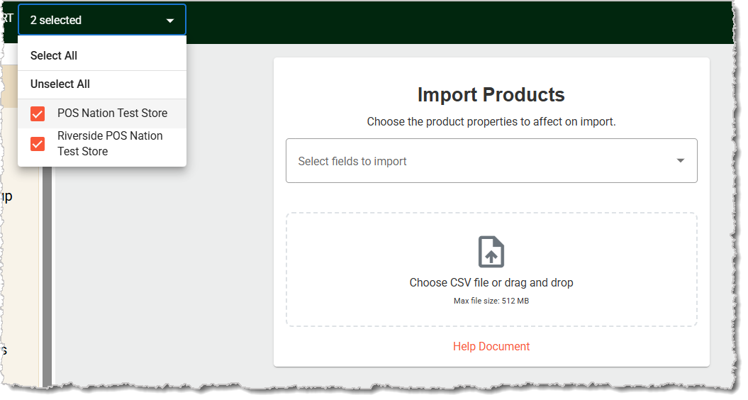 Image of the Multi-Store droplist in the Mass Import area of the Back End.