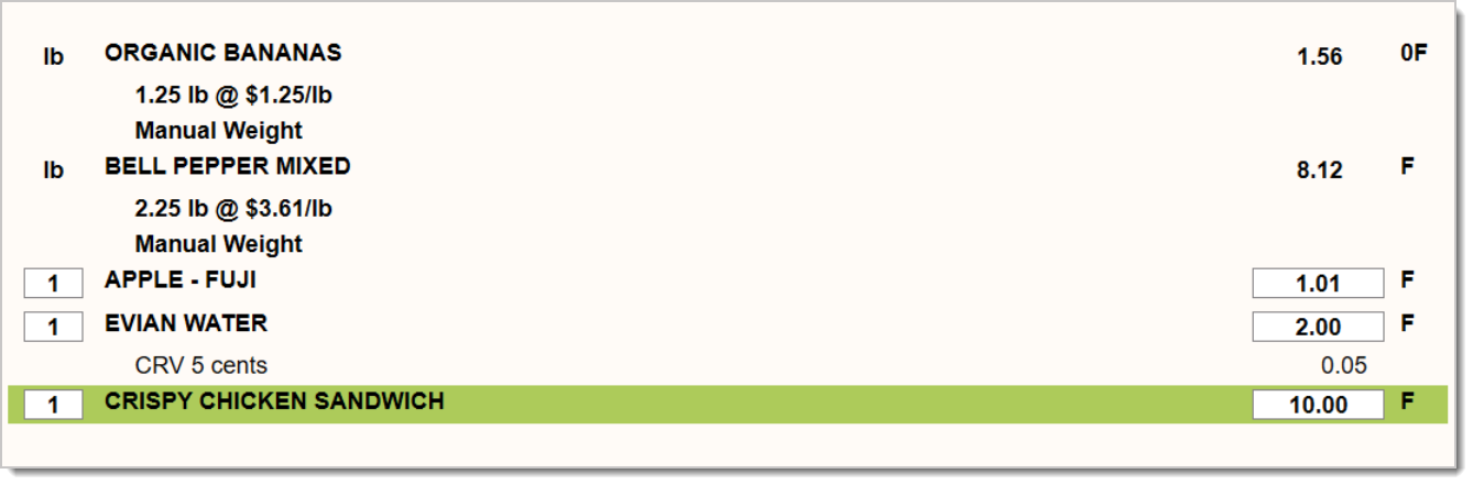 Image showing an item added to a transaction with a new price in the  Front End.