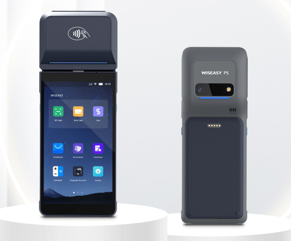 The Adyen P5 credit card processing terminal, front and back views of the device.