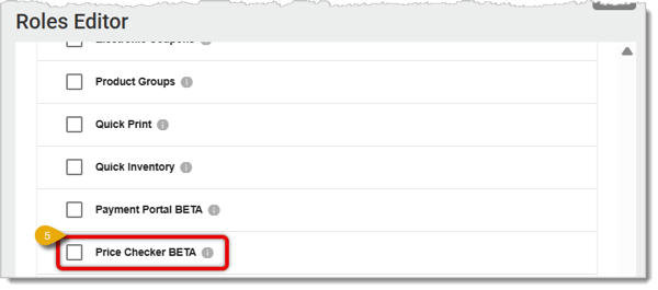 Image of the Price Checker permission in the Roles Editor.