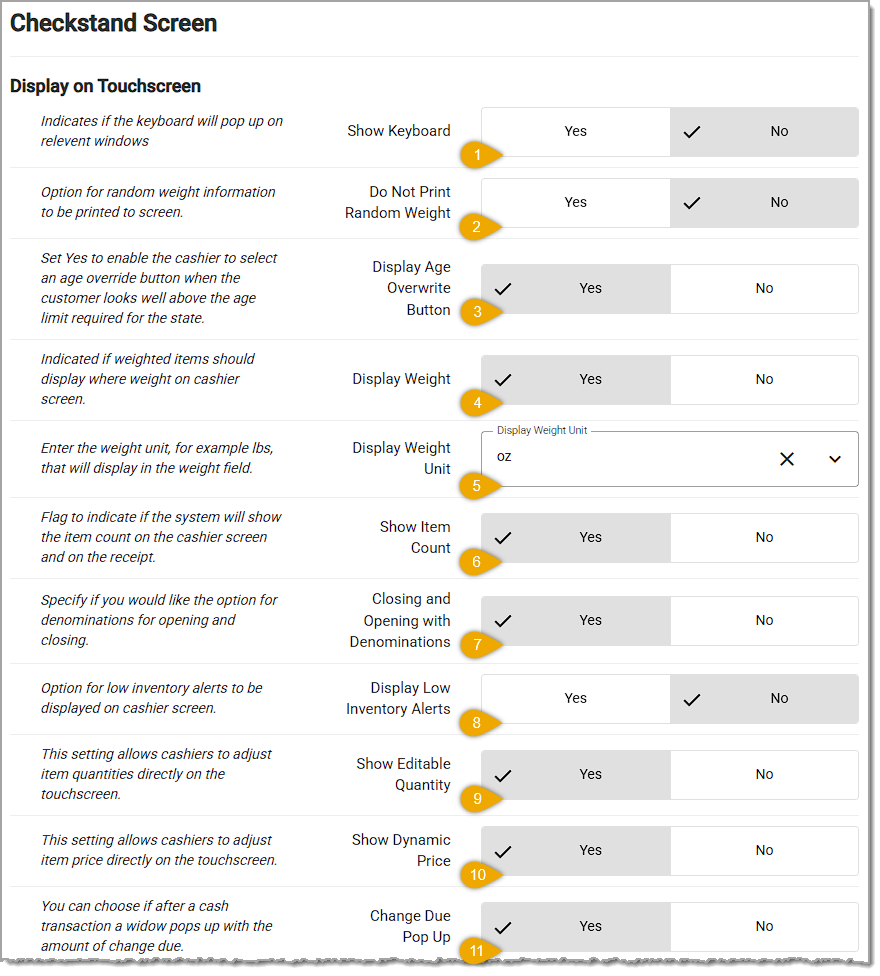 Image showing the Display on Touchscreen section of the POS Manager Checkstand Screen page in the Administration menu of the  system's back end.